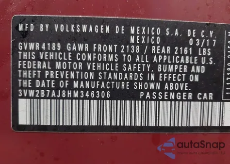 2017 Volkswagen Jetta 1.4T S из США, поврежденный, VIN 3VW2B7AJ8HM346306